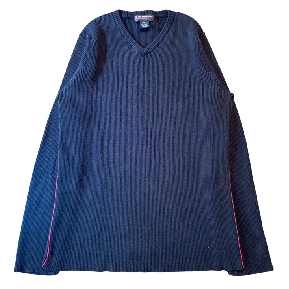 Polo Jeans Co Ralph Lauren Mens Navy Ribbed V-Neck Sweater Red Side Stripe M
